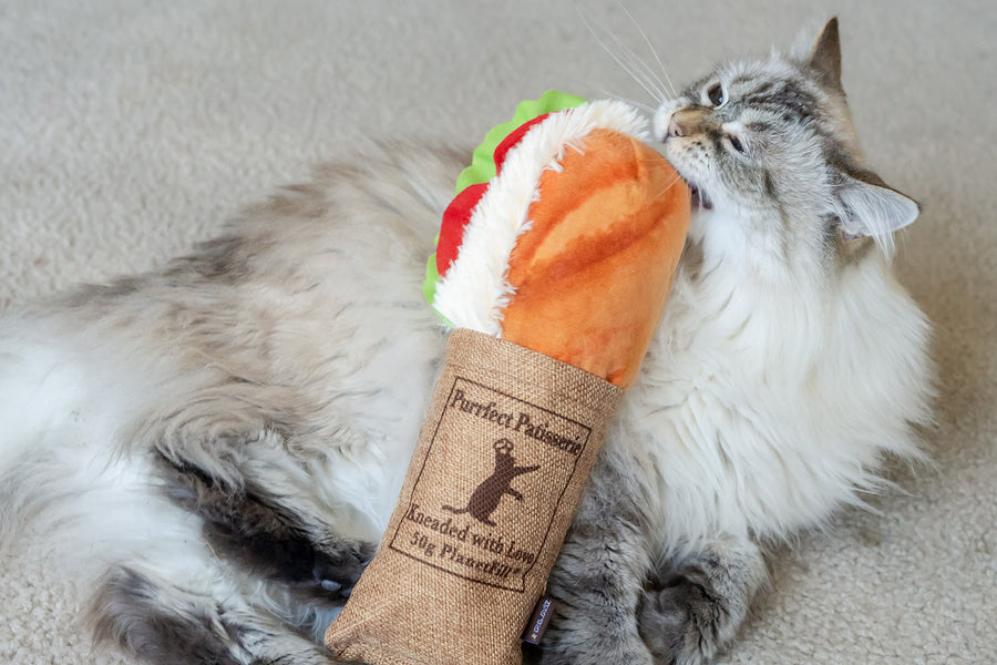 P.L.A.Y. Feline Frenzy Kicker - Tuna Baguette Toy in mouth of a fluffy cat taking a nibble at the sandwich