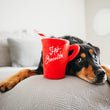Load image into Gallery viewer, Holiday Classic Collection by P.L.A.Y. - Ho Ho Ho Hot Chocolate Toy on bed with big beautiful dog laying down looking at it