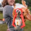 Load image into Gallery viewer, Camp Corbin Collection Pack Leader Lantern Toy by P.L.A.Y. hanging from an upside down Corgi's snout being held by dog mom outdoors
