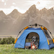 Load image into Gallery viewer, Scout & About Landscape Series Outdoor Dog Tent by P.L.A.Y. - dog sitting up with Camp Corbin Pack Leader Lantern Toy in River tent with snowcapped mountains behind it