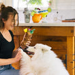 Load image into Gallery viewer, P.L.A.Y. Barktender Collection - Tiki Time Toy - dog mom holding toy in hand and high fiving white fluffy dog - both have smiles on their faces
