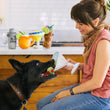 Load image into Gallery viewer, P.L.A.Y. Barktender Collection - human handing black dog martini-themed toy and dog biting green olives on rope in kitchen
