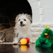Load image into Gallery viewer, P.L.A.Y. Merry Woofmas Doglas Fur - shaggy dog smiling with ornaments between paws and Christmas Tree nearby
