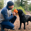 Load image into Gallery viewer, P.L.A.Y. Camp Corbin Cozy Campfire - man crouching down to give toy to black lab in the middle of a forest