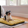 Load image into Gallery viewer, P.L.A.Y. Canyon Series Chill Pad - Sunbeam lifestyle image with small pup laying on the mat with happy face and tongue out in front of bed