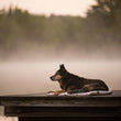Load image into Gallery viewer, Scout & About Outdoor Chill Pad in Vanilla with dog sitting on dock with fog in background