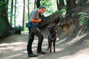 P.L.A.Y.'s Explorer Pack in Waterfall Blue on man smiling down at beautiful black dog on a hike