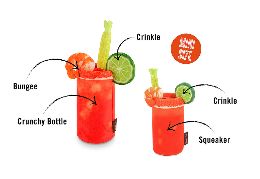 Barking Brunch Collection by P.L.A.Y. Buddy Mary Toy with features pointed out for both sizes