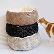 Load image into Gallery viewer, P.L.A.Y. Feline Frenzy Donut Cuddler Bed Group tower stack with ginger cat sniffing them
