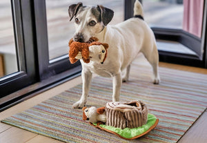 P.L.A.Y. Forest Friends Collection - Chippy & Cheeks Chipmunks Toy with one chipmunk in dog's mouth standing above the toy