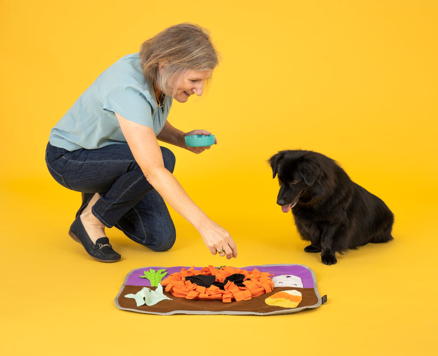 P.L.A.Y. Halloween Snuffle Mat - Dog mom placing treats into mat with little black dog watching