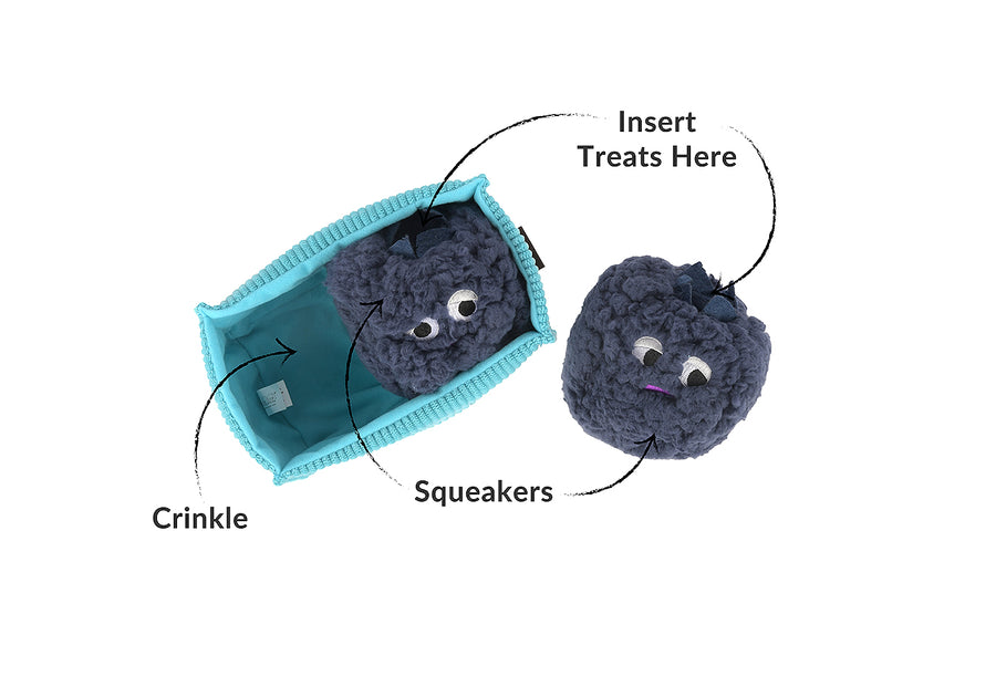 P.L.A.Y. Picked Fresh Blue Beg-rries Toy  features images pointing out squeakers, crinkle and where treats can be inserted