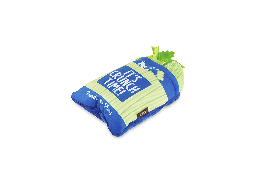 P.L.A.Y. Picked Fresh Crunch Bunch Toy: Blue and green celery bag side shot on a white background