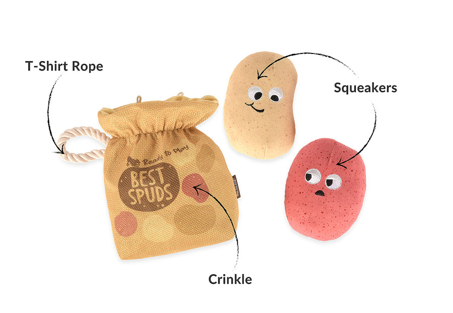 P.L.A.Y.'s Picked Fresh Potato Pals Toy feature image pointing out t-shirt rope, crinkle elements and squeakers on a white background.