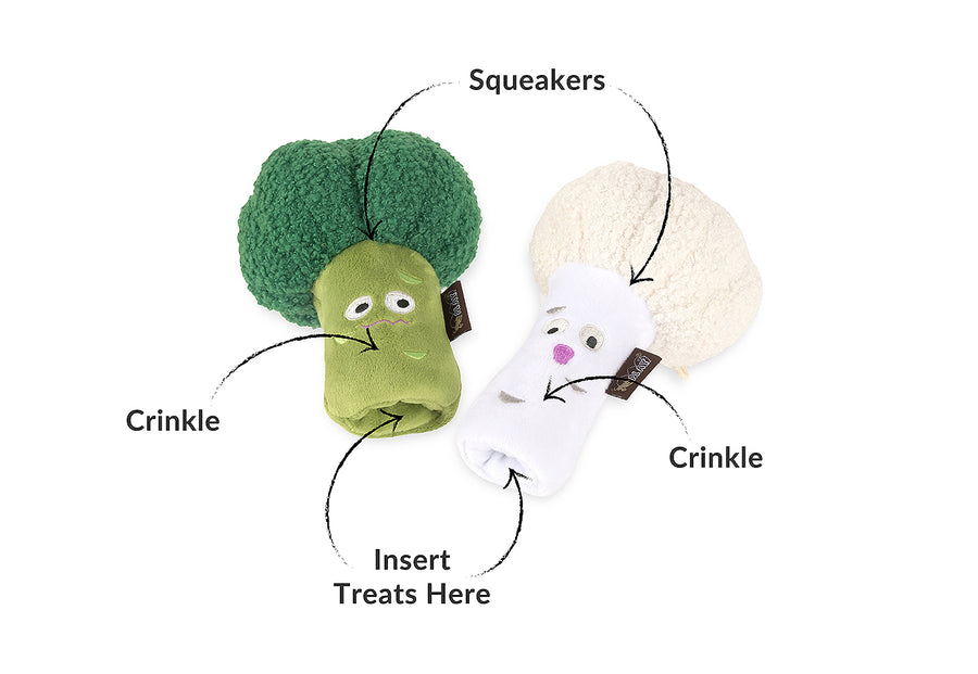 P.L.A.Y.'s Picked Fresh Veggie Munch Duo Toy Set: Two crinkle toys, one green broccoli and one white cauliflower, with text indicating features and instructions on a white background