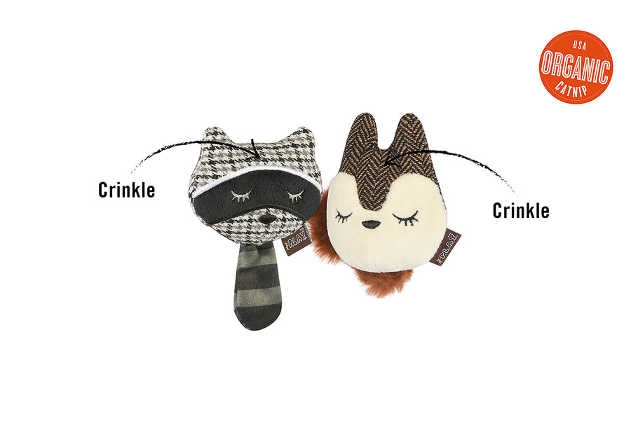 Feline Frenzy Forest Friends Collection - Bandit Buddies Toy Set with Raccoon and Squirrel showing features of toys