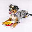 Load image into Gallery viewer, IHOP x P.L.A.Y. Eggcellent Play Platter - toy located between front paws of multi-color fluffy dog laying on the floor smiling to the side

