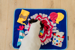 P.L.A.Y. Woof-day Celebration Snuffle Mat - little white dog sniffing mat for treats top view