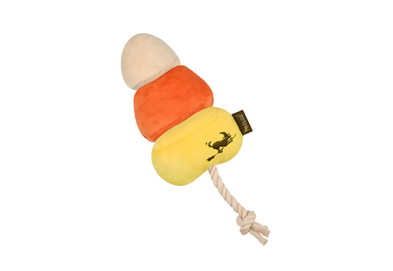 P.L.A.Y. Howling Haunts Collection - Canine Corn Toy showing the sliding candy feature up and down the t-shirt rope