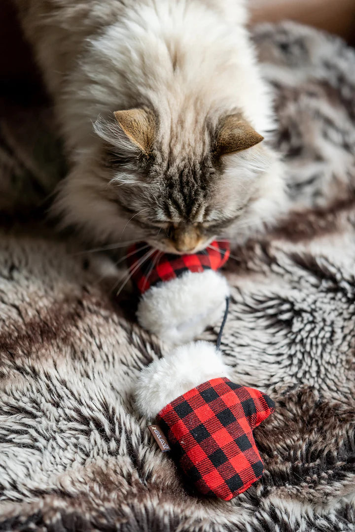 P.L.A.Y. Feline Frenzy Kitten Mittens Toy Set - fluffy cat playing with one of the mitten toys on a fuzzy blanket