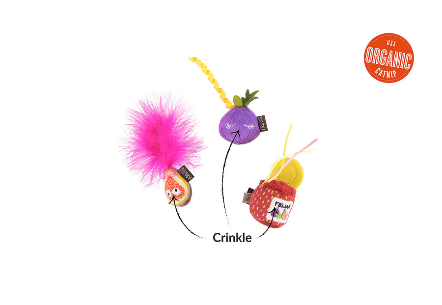 P.L.A.Y. Feline Frenzy Fig N’ Whiskers Toy Set image with crinkle feature pointed out and USA organic catnip label  on a white background