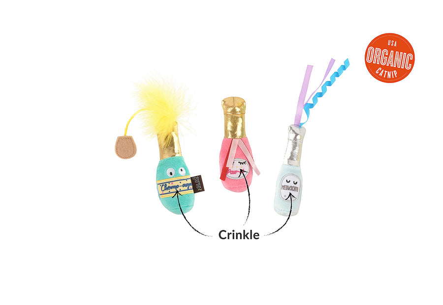 P.L.A.Y. Feline Frenzy Pop, Fizz, Meow Toy Set feature image with crinkle pointed out and USA organic catnip label on a white background