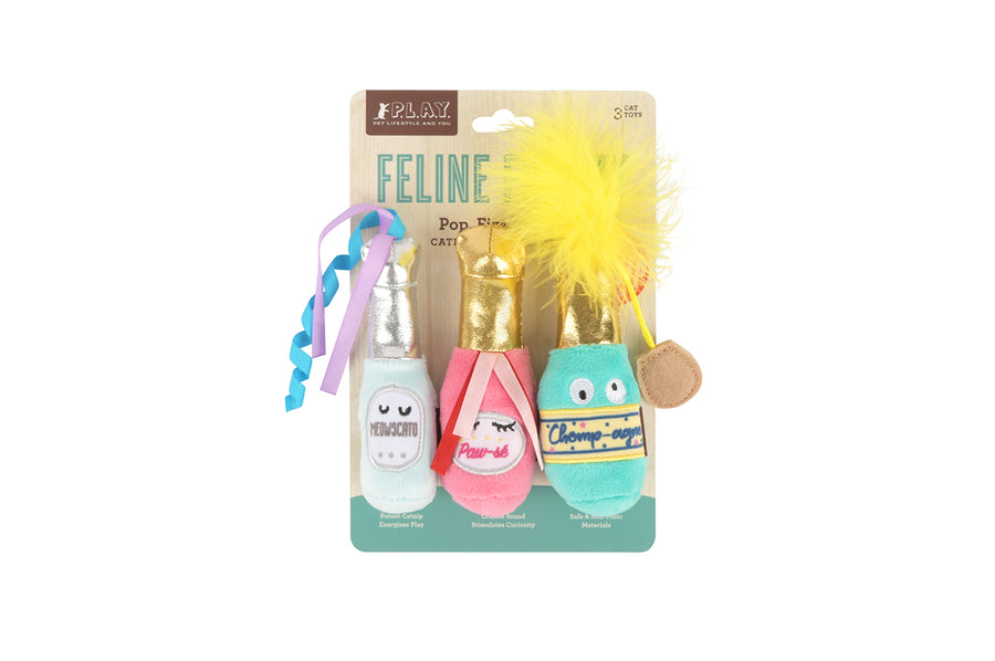 P.L.A.Y. Feline Frenzy Pop, Fizz, Meow Toy Set in packaging on a white background