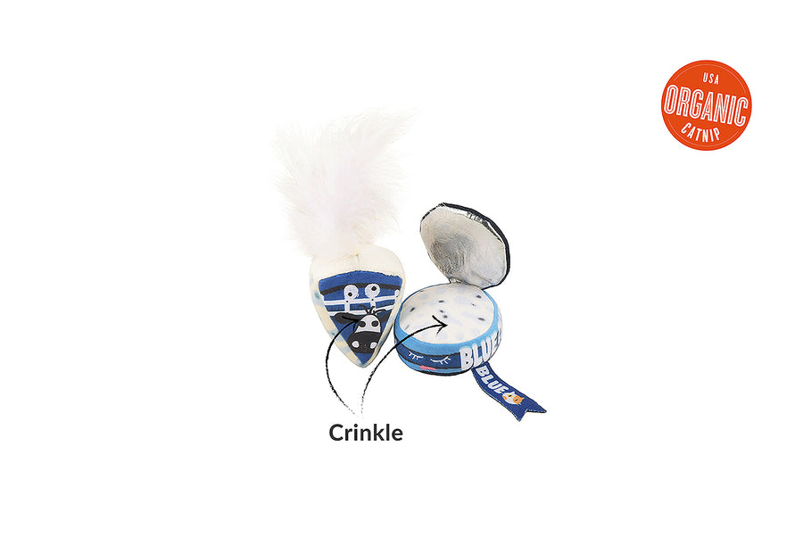 P.L.A.Y. Feline Frenzy Kitty Crumble Toy Set feature image with crinkle element pointed out and USA organic catnip label on a white background