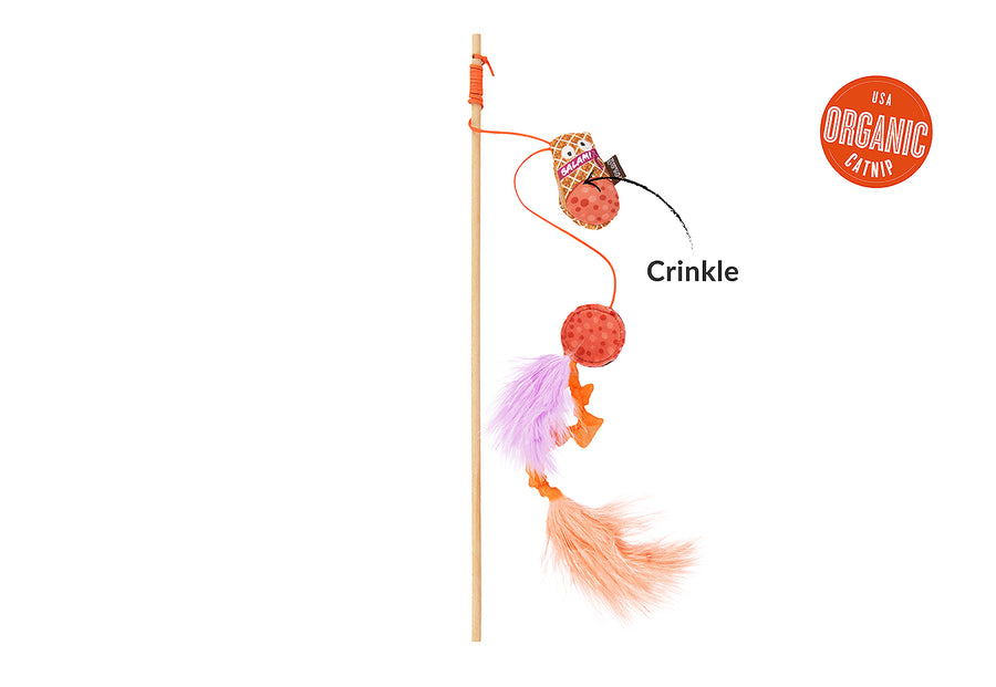 P.L.A.Y. Feline Frenzy Swatlami Wand Toy with crinkle element pointed out and USA Organic Catnip label