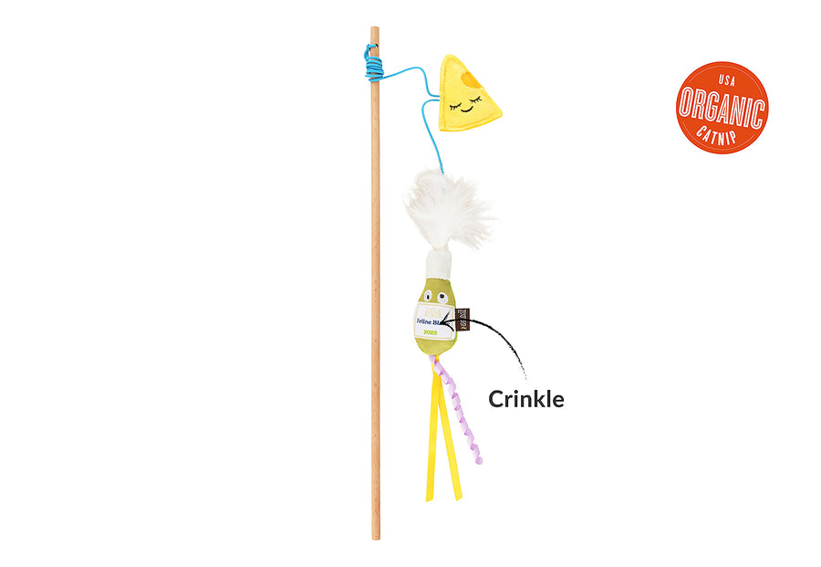 P.L.A.Y. Feline Frenzy Feline Blanc Wand Toy feature image with crinkle pointed out and USA Organic Catnip label