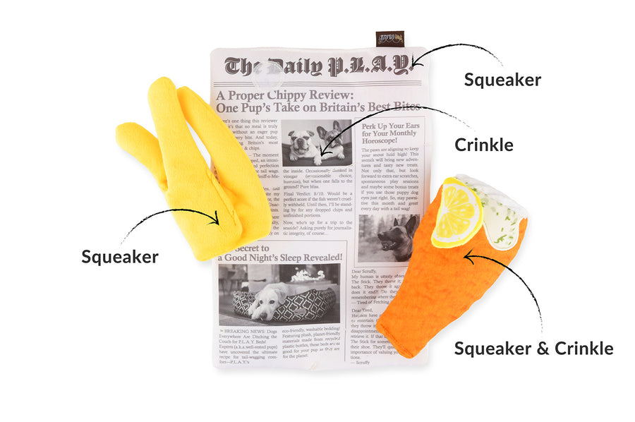 P.L.A.Y. International Classic Chippy Chews with features pointed out on a white background