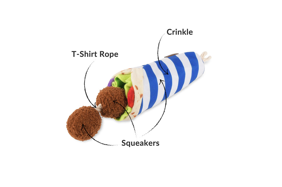 P.L.A.Y. International Classic Fur-lafel Wrap Toy Diagram with features labeled on a white background