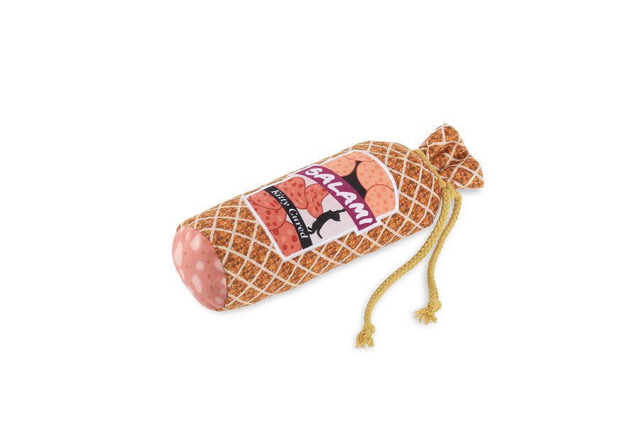 P.L.A.Y. Feline Frenzy Salami Slammer Kicker Toy on it's side with the label up on a white background