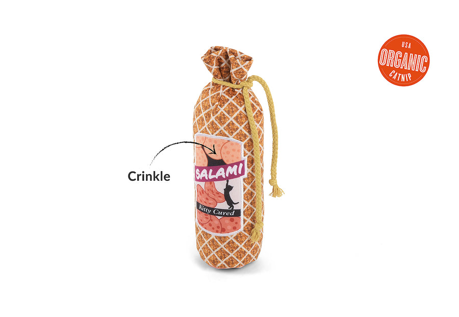 P.L.A.Y. Feline Frenzy Salami Slammer Kicker Toy showcasing crinkle feature and USA organic catnip label on a white background