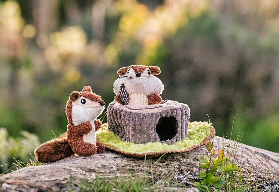 P.L.A.Y. Forest Friends Collection - Chippy & Cheeks Chipmunks Toy on a log outside in the forest