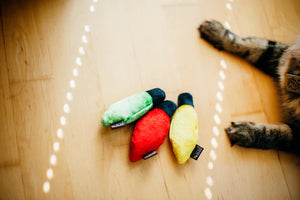 P.L.A.Y. Feline Frenzy Kitty Delights Toy Set - three ornament toys placed on wood floor with cat's paws nearby