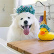 Load image into Gallery viewer, P.L.A.Y. Splish Splash Collecton - Shower Quack Toy with white fluffy dog wearing shower cap in tub with duckie toy on the bath board draped across the top
