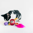 Load image into Gallery viewer, A black and white cat sniffing P.L.A.Y. Feline Frenzy Fig N’ Whiskers Toy Set on a white background
