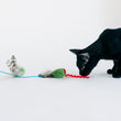 Load image into Gallery viewer, Black cat sniffing the P.L.A.Y. Feline Frenzy Purrfectly Pitted Wand Toy on a white background
