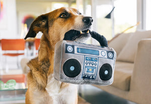 P.L.A.Y. 80s Classics Boop-Box Toy - handle in dog's mouth