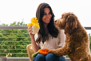 P.L.A.Y. Hippity Hoppity Collection - Chick Me Out Toy being held by dog mom while dog is perched up on her lap smiling