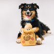 Load image into Gallery viewer, P.L.A.Y.&#39;s Picked Fresh Potato Pals Toy lifestyle image of a fluffy dog with a plush toy labeled &#39;Best Spuds&#39; on a white background
