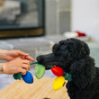 Load image into Gallery viewer, P.L.A.Y. Home for the Holidays Twinkly Tugger Toy - human and black Poodle playing tug with the toy both holding onto the rope with fireplace in the background
