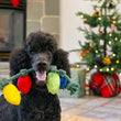 Load image into Gallery viewer, P.L.A.Y. Home for the Holidays Twinkly Tugger Toy - in the mouth of a smiling Black Poodle with a fireplace and a Christmas Tree in background
