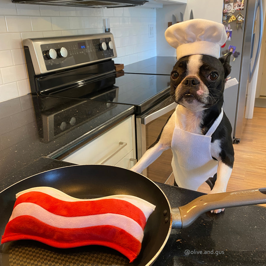 Clive & Bacon x P.L.A.Y. Crispy Bacon Toy - in pan on stove with black and white dog wearing a chef's coat and hat behind it
