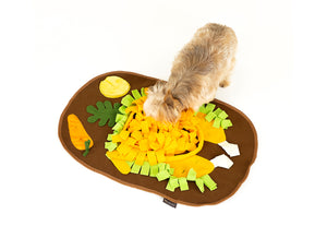 P.L.A.Y. Snuffle Mat - Thanksgiving-themed with small, furry dog searching for treats in turkey