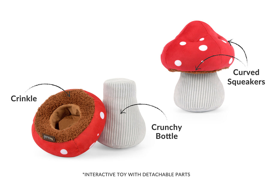 Blooming Buddies Collection by P.L.A.Y. Mutt's Mushroom Toy with features pointed out