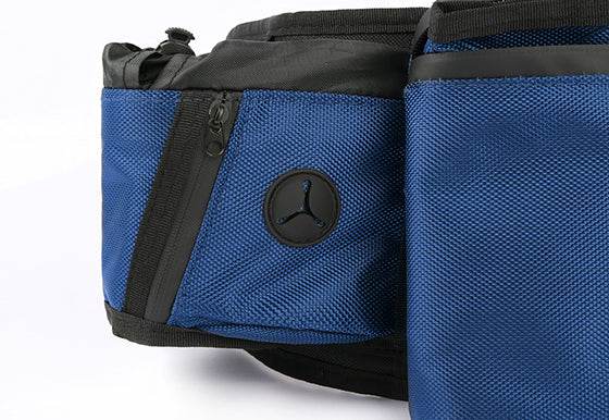 P.L.A.Y.'s Explorer Pack in Waterfall Blue with close up of poop bag dispenser