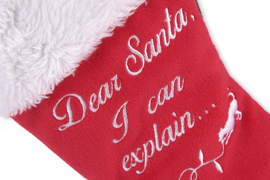 Merry Woofmas Collection Good Dog Stocking Toy close up of words printed on it
