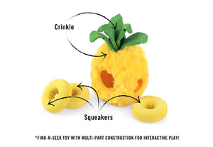 P.L.A.Y.'s Tropical Paradise Collection Paws up Pineapple Toy with features pointed out